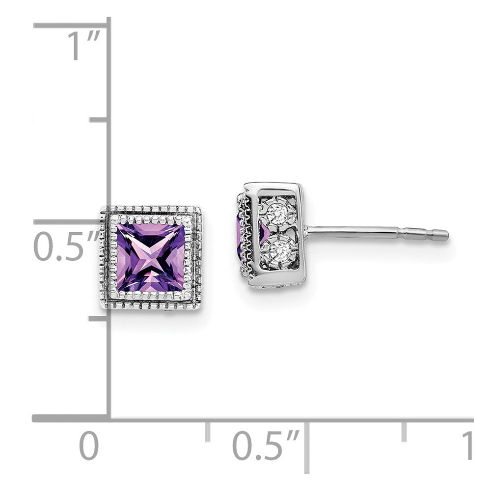 Solid 14k White Gold Square Simulated Amethyst and CZ Earrings