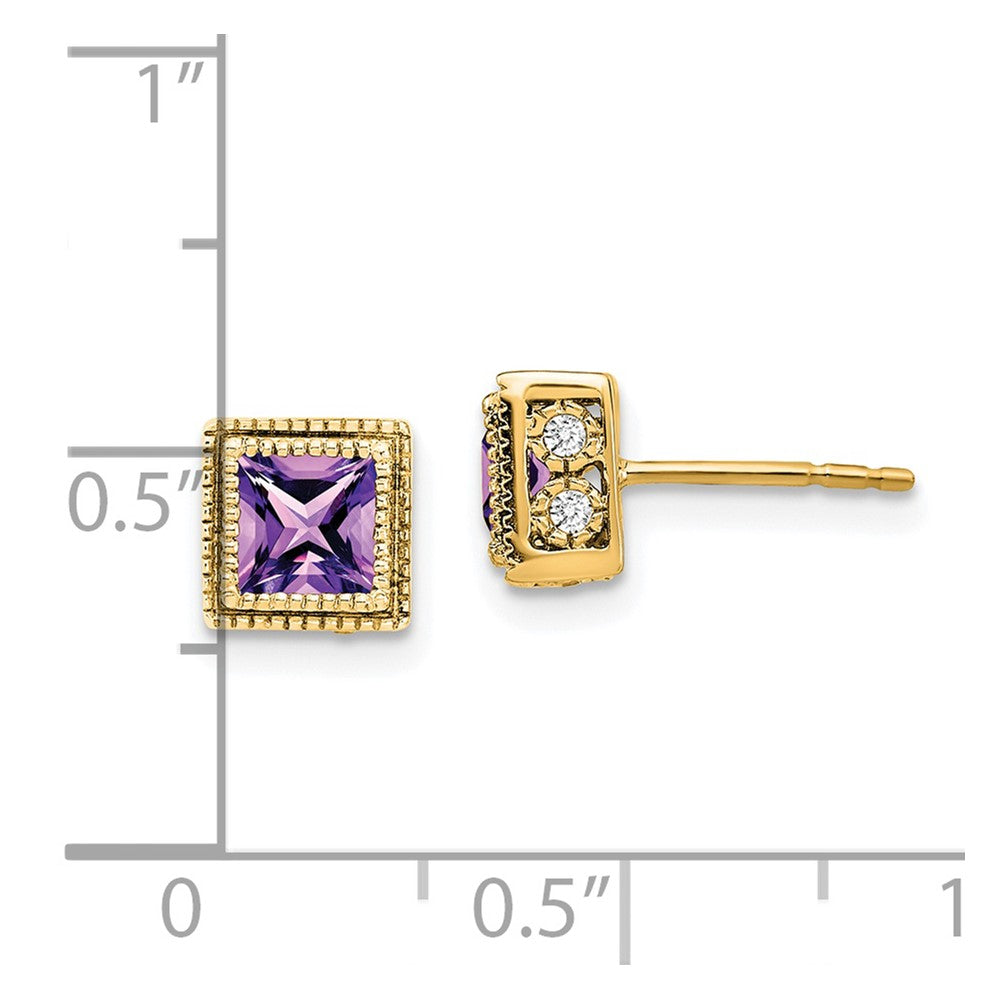 Solid 14k Yellow Gold Square Simulated Amethyst and CZ Earrings
