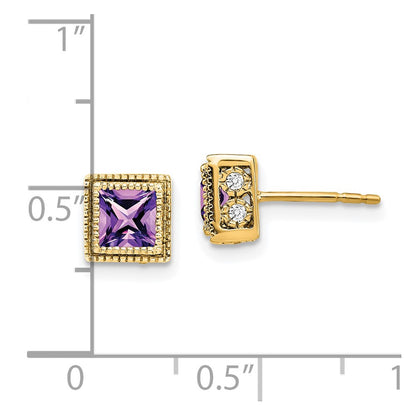 Solid 14k Yellow Gold Square Simulated Amethyst and CZ Earrings
