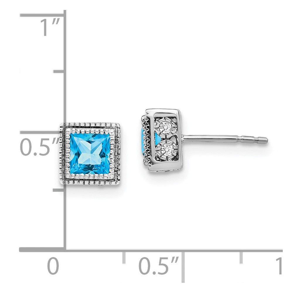 Solid 14k White Gold Square Simulated Blue Topaz and CZ Earrings
