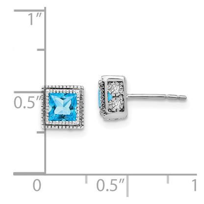 Solid 14k White Gold Square Simulated Blue Topaz and CZ Earrings