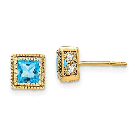 14k Yellow Gold Square Blue Topaz and Real Diamond Earrings EM7096-BT-016-YA