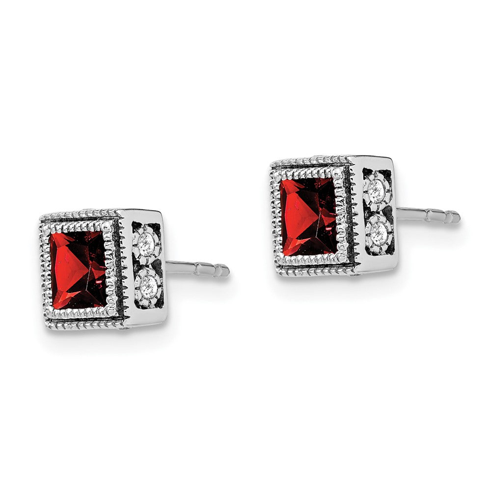 Solid 14k White Gold Square Simulated Garnet and CZ Earrings