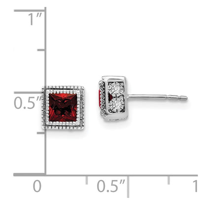 Solid 14k White Gold Square Simulated Garnet and CZ Earrings