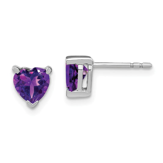 Solid 14k White Gold Heart Simulated Amethyst Earrings