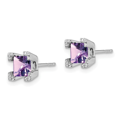 Solid 14k White Gold Square Simulated Amethyst and CZ Earrings