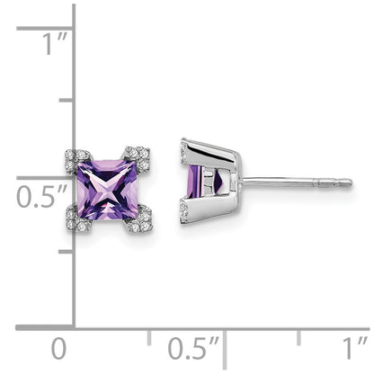 Solid 14k White Gold Square Simulated Amethyst and CZ Earrings