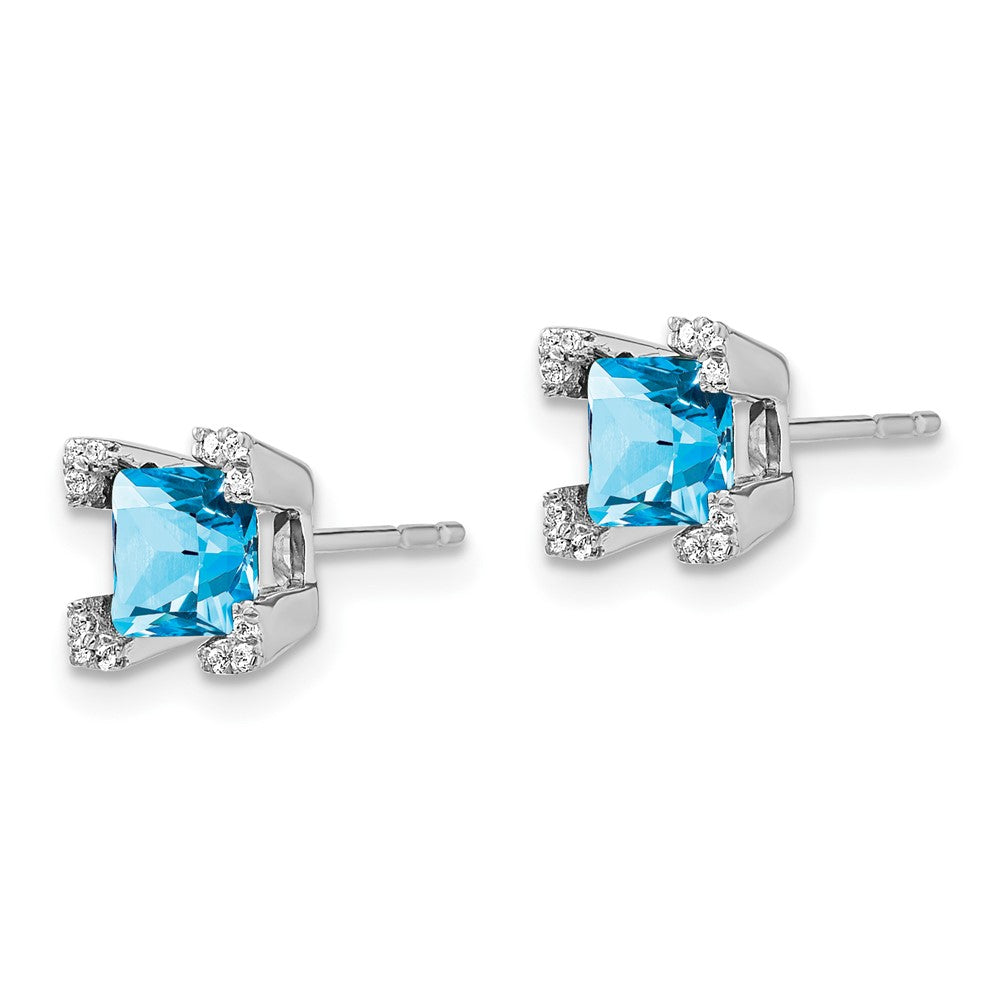 Solid 14k White Gold Square Simulated Blue Topaz and CZ Earrings