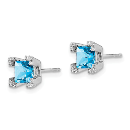 Solid 14k White Gold Square Simulated Blue Topaz and CZ Earrings
