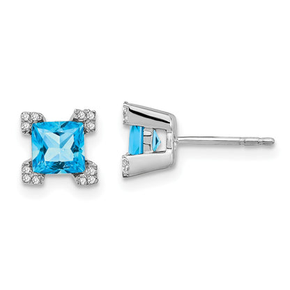 Solid 14k White Gold Square Simulated Blue Topaz and CZ Earrings