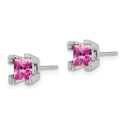 Solid 14k White Gold Square Created PinK Simulated Sapphire and CZ Earrings