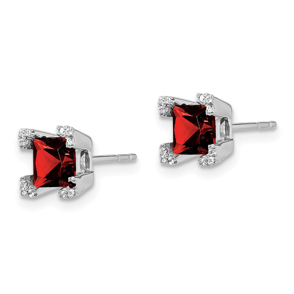 Solid 14k White Gold Square Simulated Garnet and CZ Earrings