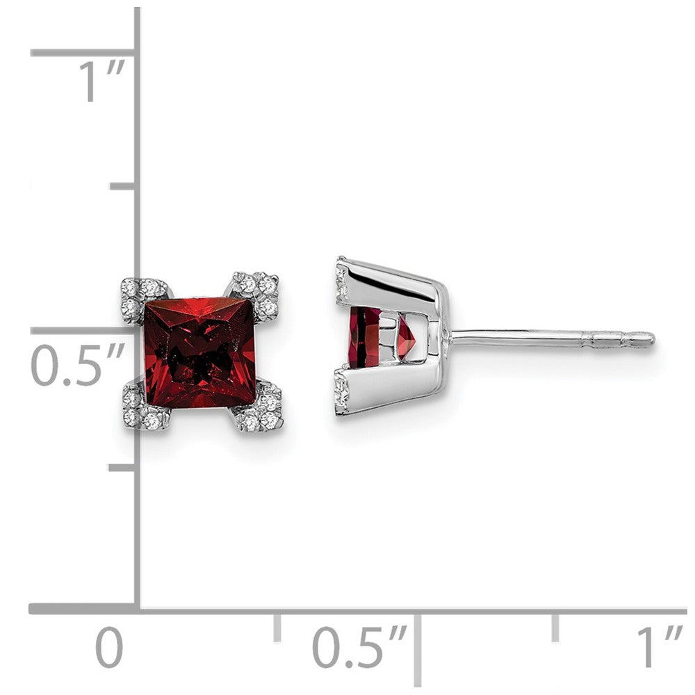 Solid 14k White Gold Square Simulated Garnet and CZ Earrings