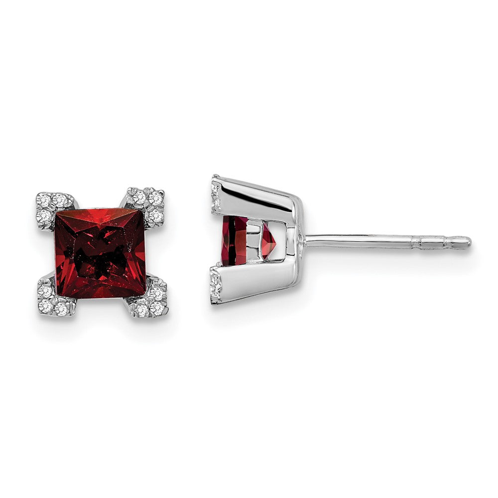 14k White Gold Square Garnet and Real Diamond Earrings EM7103-GA-007-WA