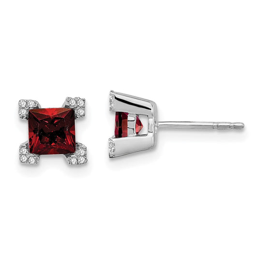 14k White Gold Square Garnet and Real Diamond Earrings EM7103-GA-007-WA