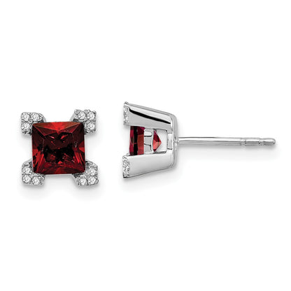Solid 14k White Gold Square Simulated Garnet and CZ Earrings
