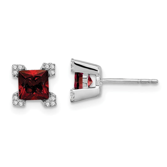 Solid 14k White Gold Square Simulated Garnet and CZ Earrings
