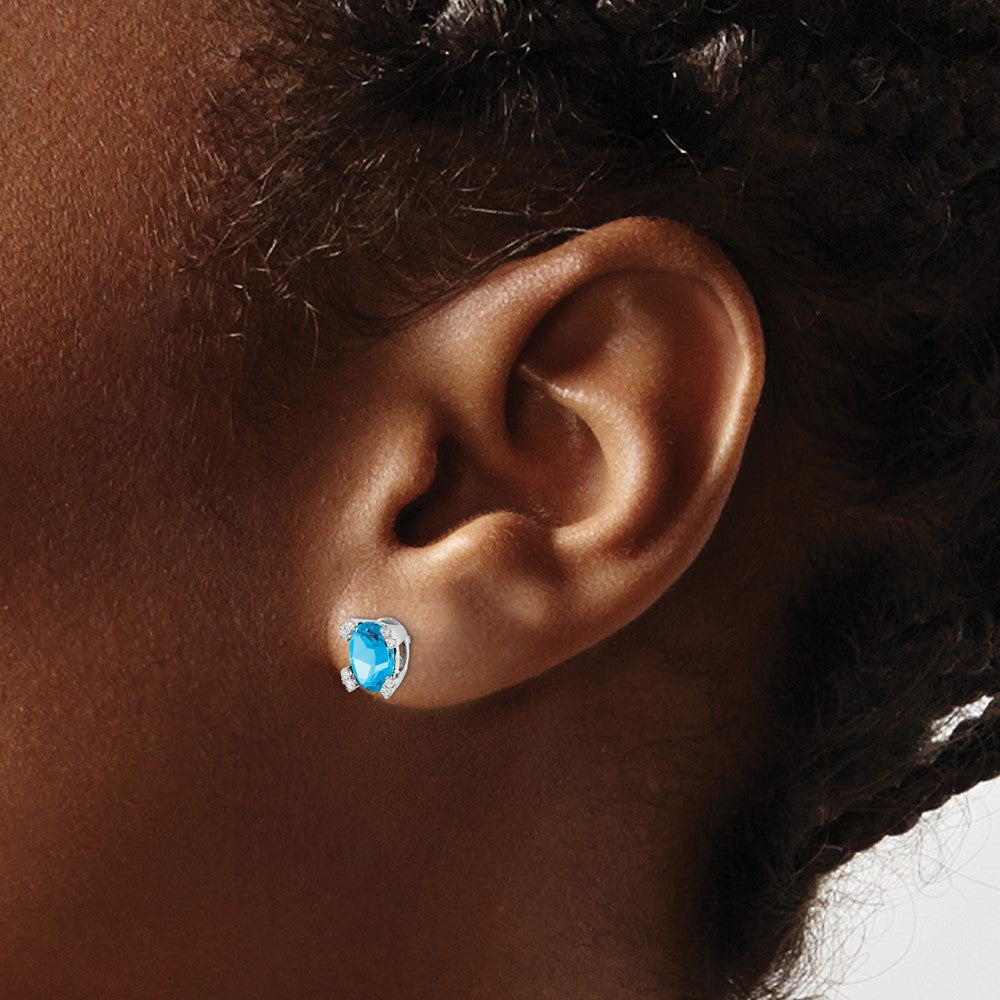 Solid 14k White Gold Oval Simulated Blue Topaz and CZ Earrings