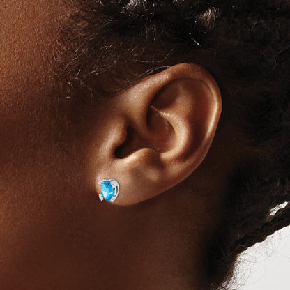Solid 14k White Gold Oval Simulated Blue Topaz and CZ Earrings