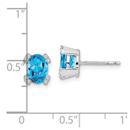 Solid 14k White Gold Oval Simulated Blue Topaz and CZ Earrings