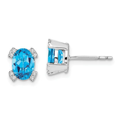 Solid 14k White Gold Oval Simulated Blue Topaz and CZ Earrings