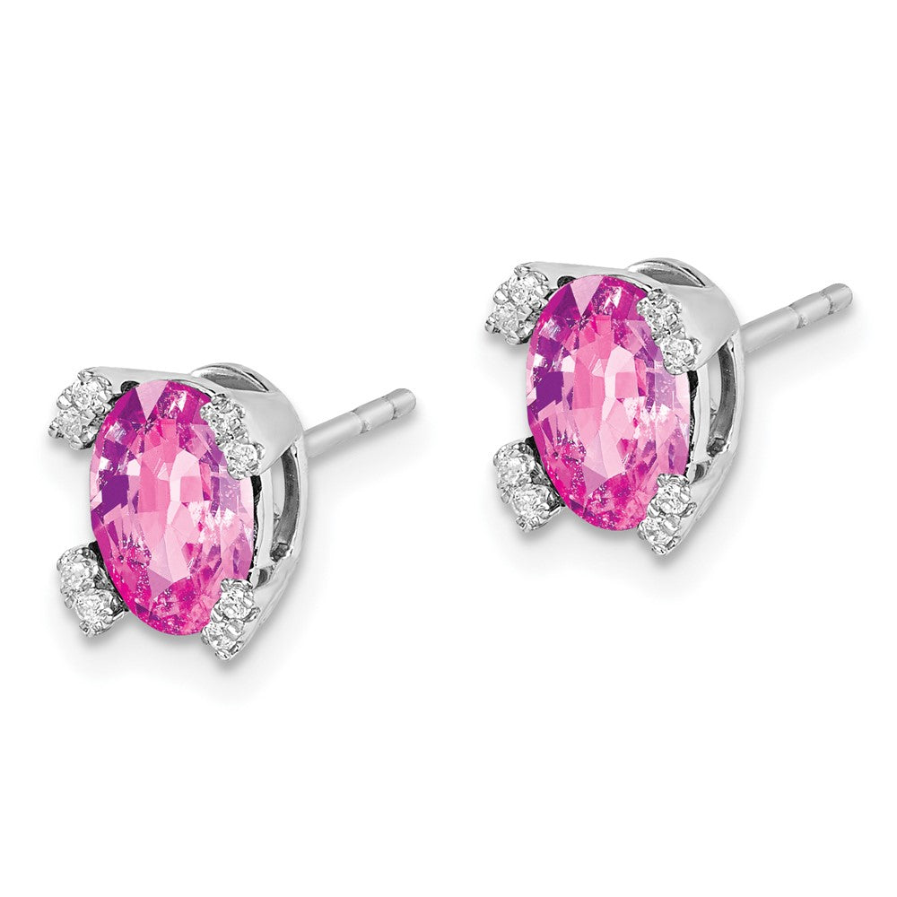 Solid 14k White Gold Oval Created PinK Simulated Sapphire and CZ Earrings
