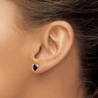 Solid 14k White Gold Oval Simulated Garnet and CZ Earrings