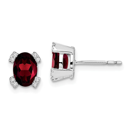 Solid 14k White Gold Oval Simulated Garnet and CZ Earrings