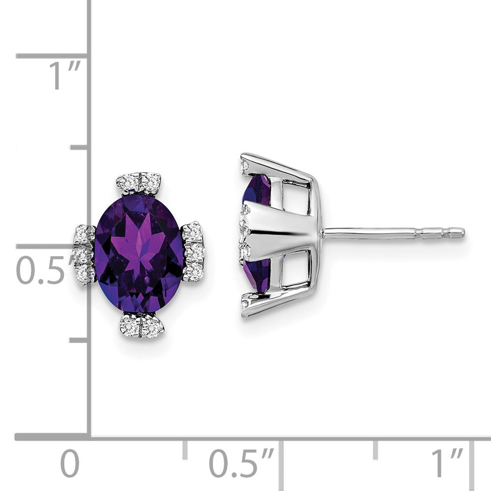 Solid 14k White Gold Oval Simulated Amethyst and CZ Earrings