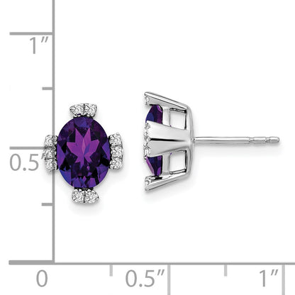 Solid 14k White Gold Oval Simulated Amethyst and CZ Earrings