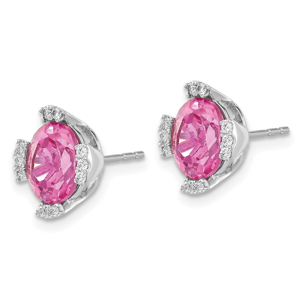 Solid 14k White Gold Oval Created PinK Simulated Sapphire and CZ Earrings