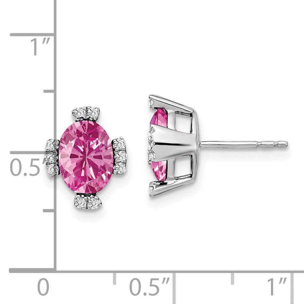 Solid 14k White Gold Oval Created PinK Simulated Sapphire and CZ Earrings
