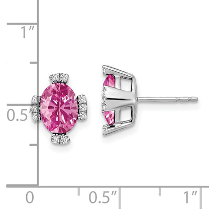 Solid 14k White Gold Oval Created PinK Simulated Sapphire and CZ Earrings