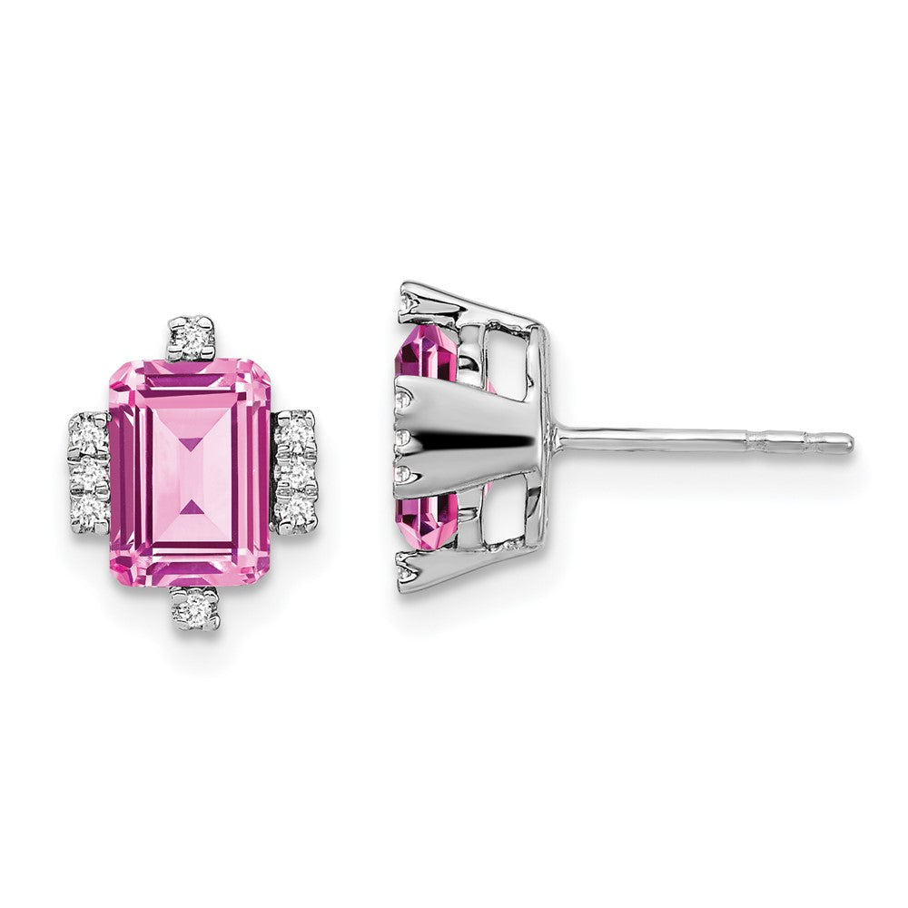 14k White Gold Emerald-shape Creat. Pink Sapphire/Real Diamond Earrings EM7106-CPS-008-WA