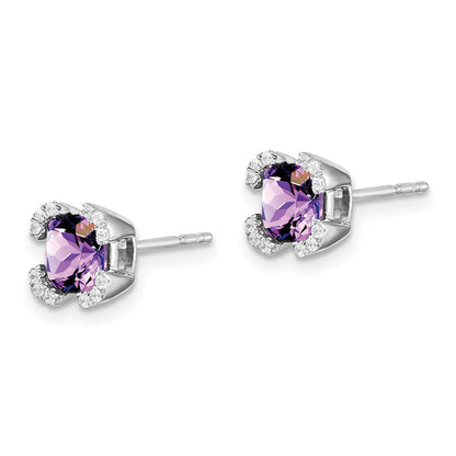 Solid 14k White Gold Cushion Simulated Amethyst and CZ Earrings