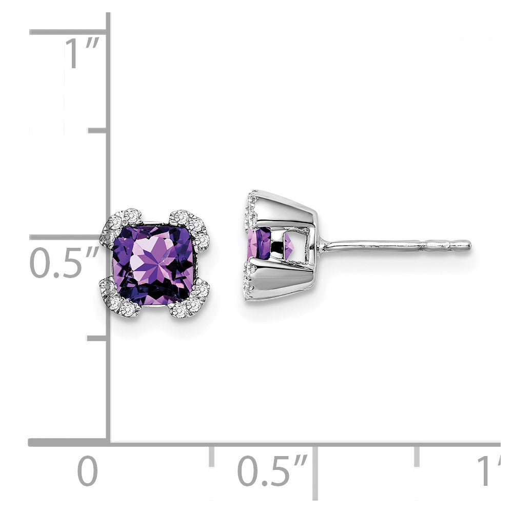 Solid 14k White Gold Cushion Simulated Amethyst and CZ Earrings