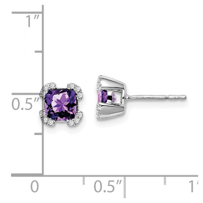 Solid 14k White Gold Cushion Simulated Amethyst and CZ Earrings