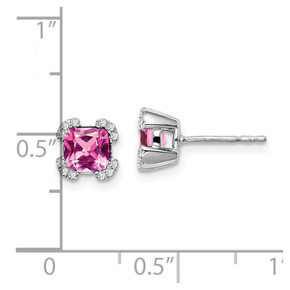 Solid 14k White Gold Cushion Created PinK Simulated Sapphire and CZ Earrings