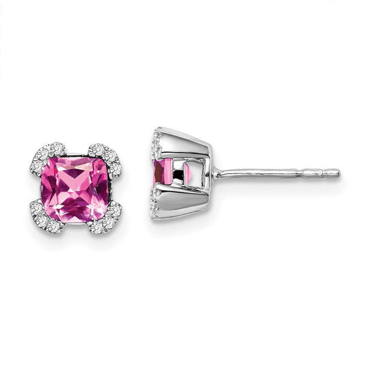 14k White Gold Cushion Created Pink Sapphire and Real Diamond Earrings EM7107-CPS-010-WA
