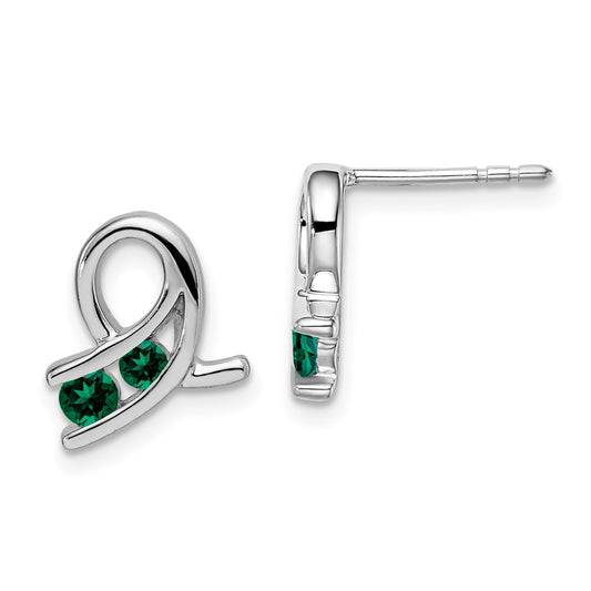 Solid 14k White Gold Created Simulated Emerald Earrings