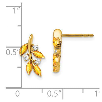Solid 14k Yellow Gold Simulated Citrine and CZ Leaf Earrings