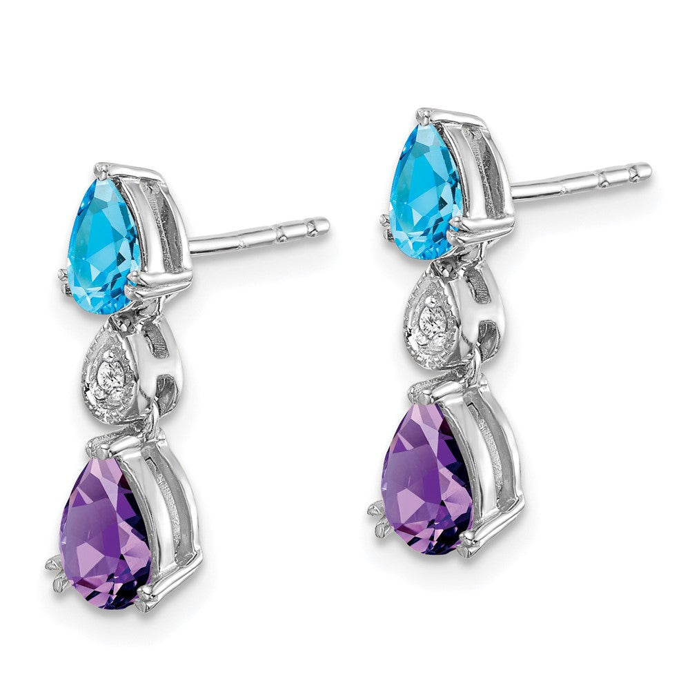 Solid 14k White Gold Simulated Blue Topaz/Amethyst/CZ Earrings