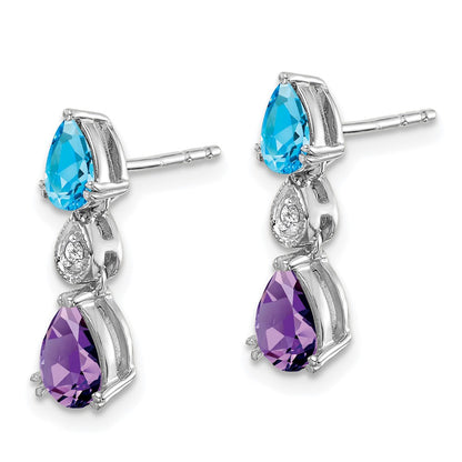 Solid 14k White Gold Simulated Blue Topaz/Amethyst/CZ Earrings