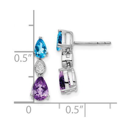Solid 14k White Gold Simulated Blue Topaz/Amethyst/CZ Earrings
