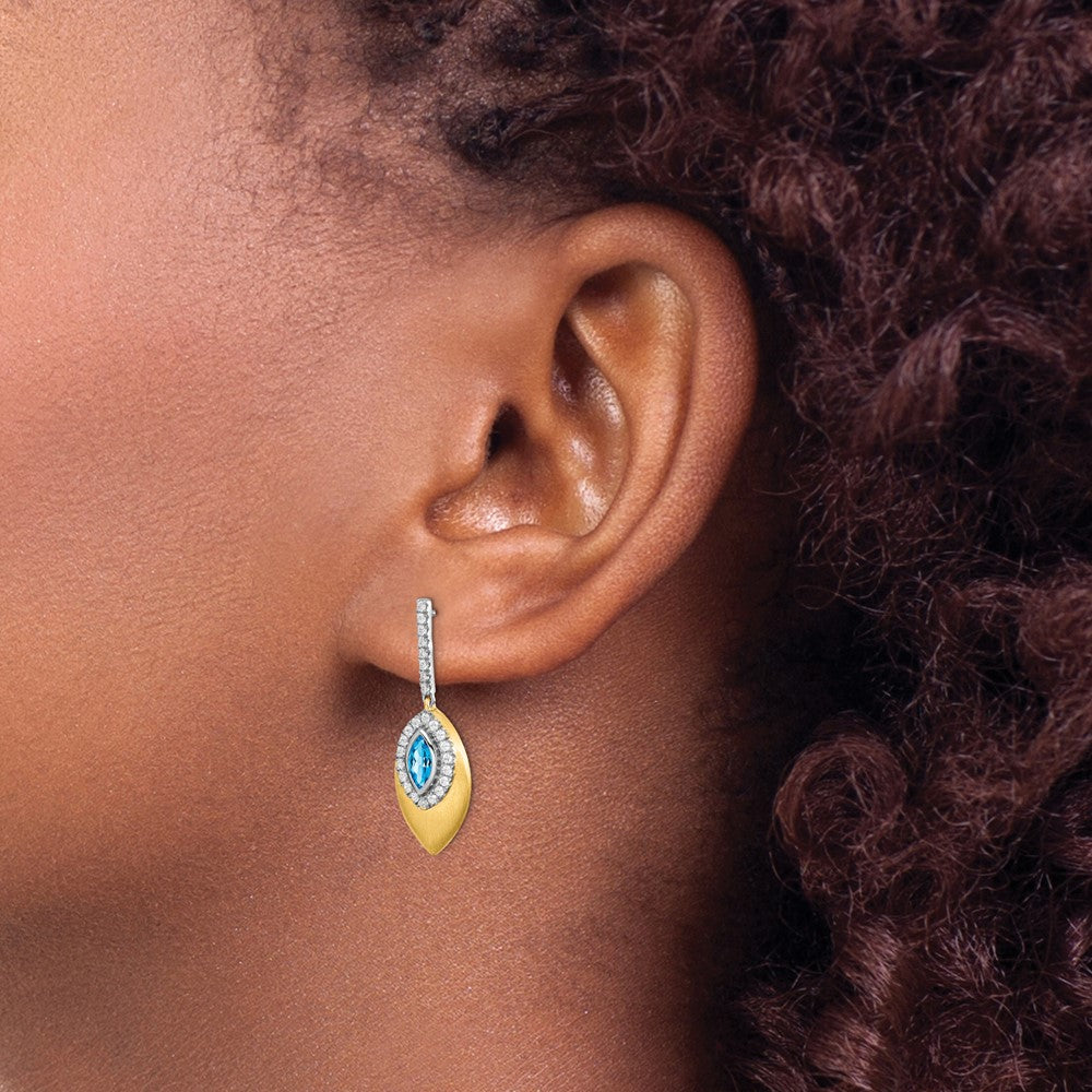 Solid 14k Two-tone Simulated Blue Topaz and CZ Dangle Earrings