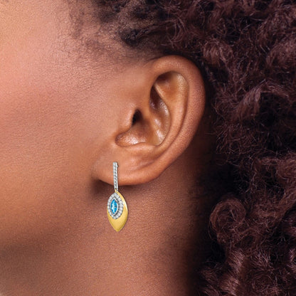 Solid 14k Two-tone Simulated Blue Topaz and CZ Dangle Earrings