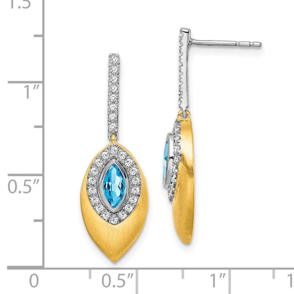 Solid 14k Two-tone Simulated Blue Topaz and CZ Dangle Earrings