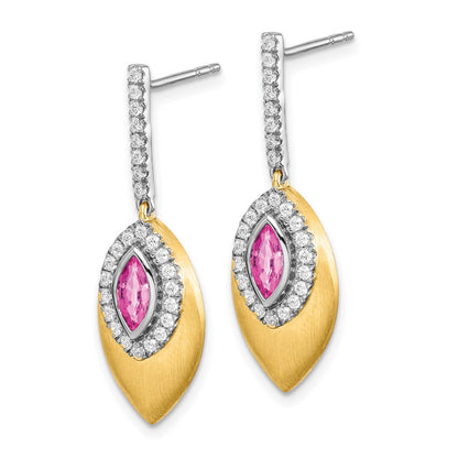 Solid 14k Two-tone Created PinK Simulated Sapphire and CZ Dangle Earrings