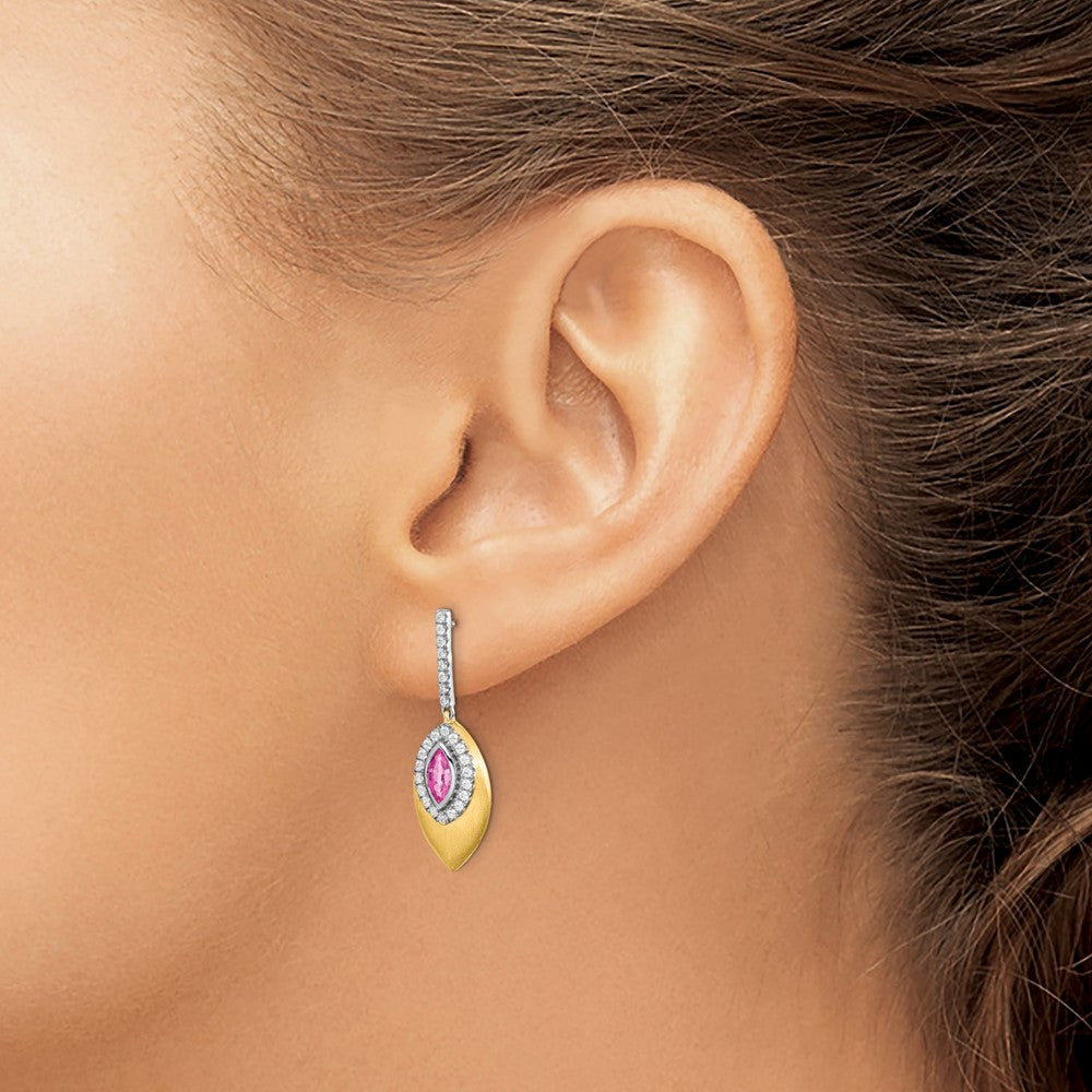 Solid 14k Two-tone Created PinK Simulated Sapphire and CZ Dangle Earrings