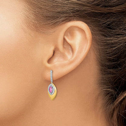 Solid 14k Two-tone Created PinK Simulated Sapphire and CZ Dangle Earrings